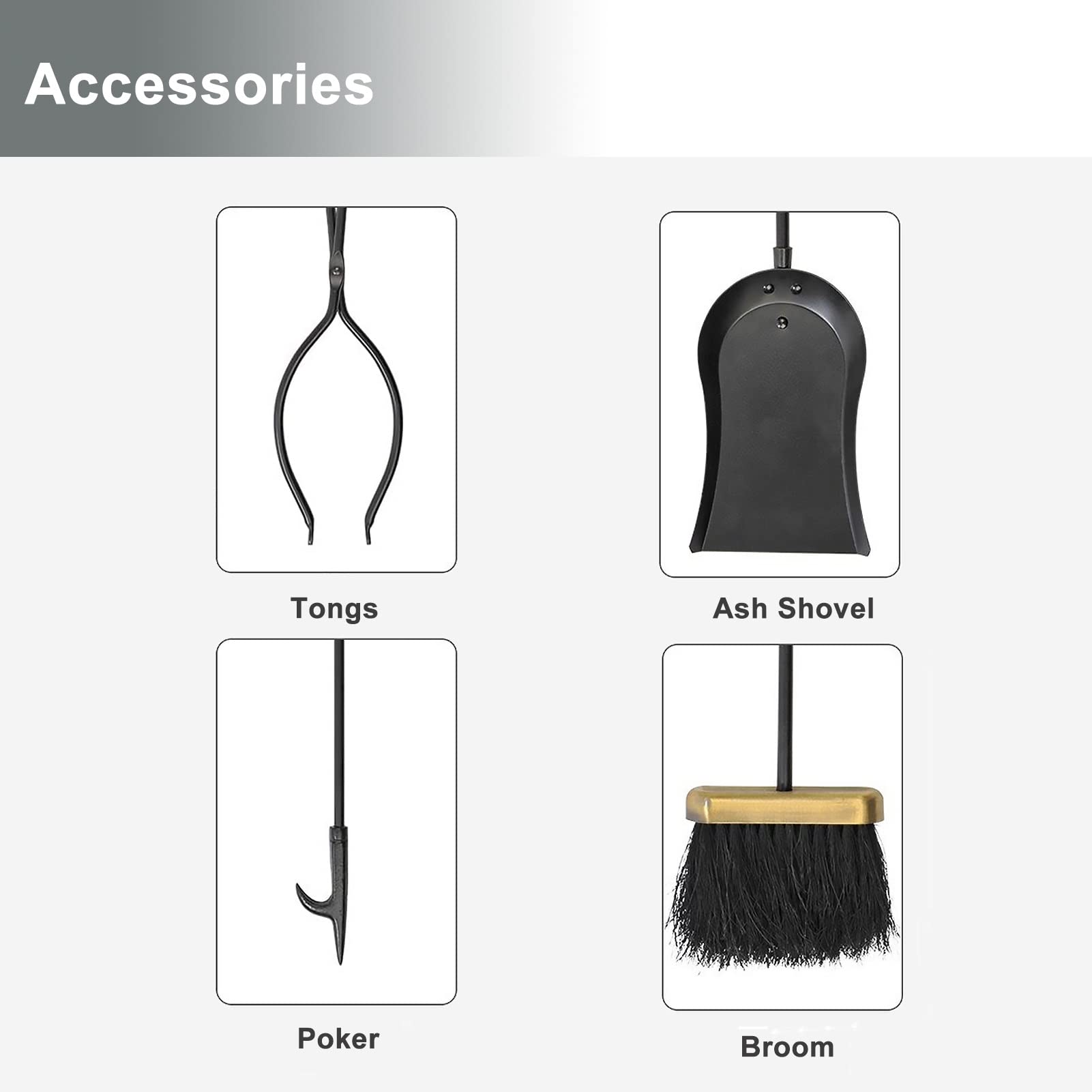 Set di attrezzi per caminetto con maniglia, 5 pezzi in ferro per camino con piedistallo, kit di accessori in legno antico per esterni