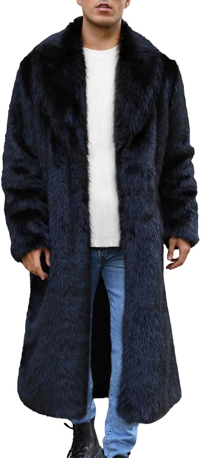 XUNRYAN Mens Faux-Fur Coat Long Jackets Winter Warm Thick Fuzzy Lapel Trench Coats Open Front Cardigan Overcoat Outerwear