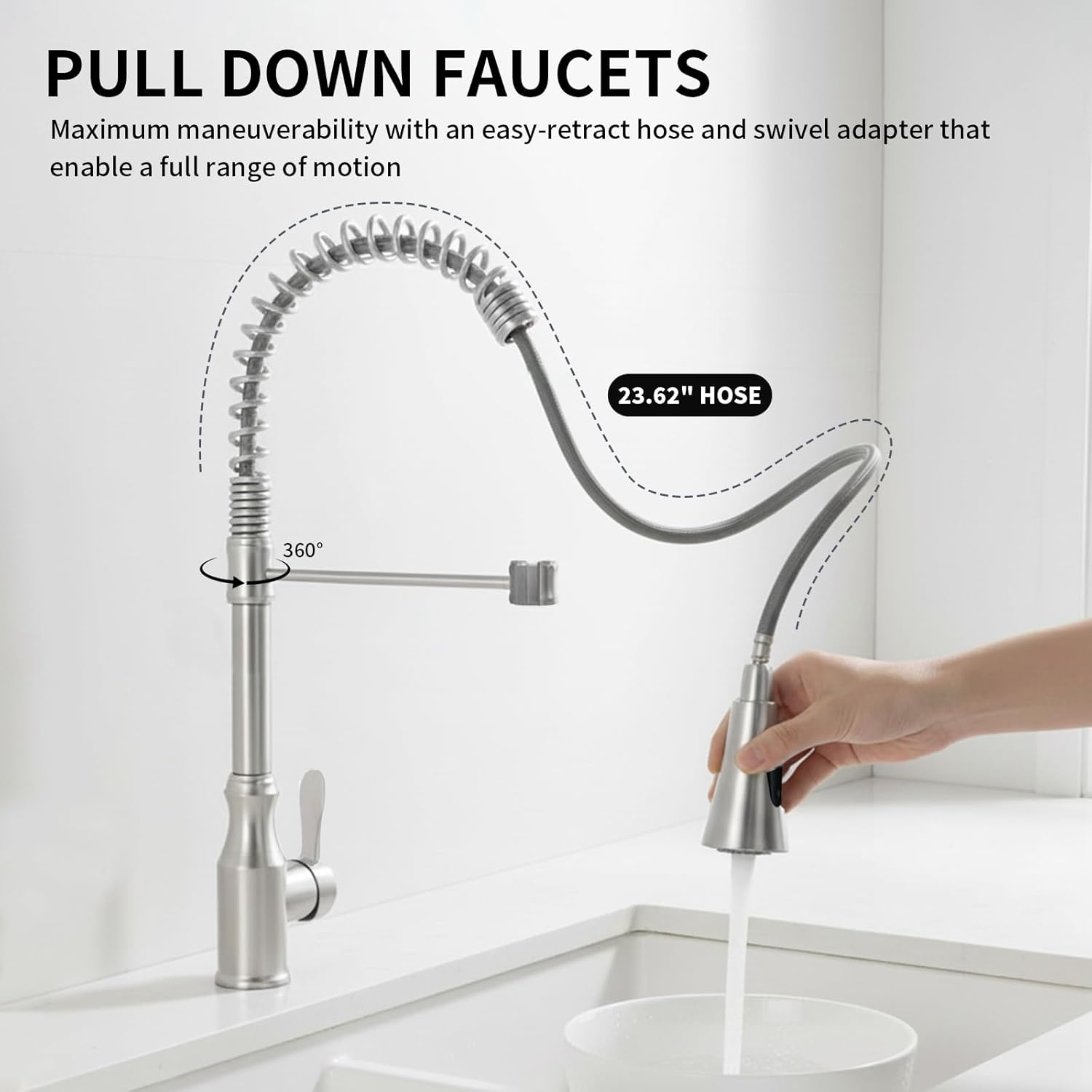 22'' Commercial Spring Tall Kitchen Sink Faucet with 2-Function Pull Down Sprayer, Spot Free Stainless Steel & Brass, High Arc Single Handle Kitchen Faucet - Brushed Nickel