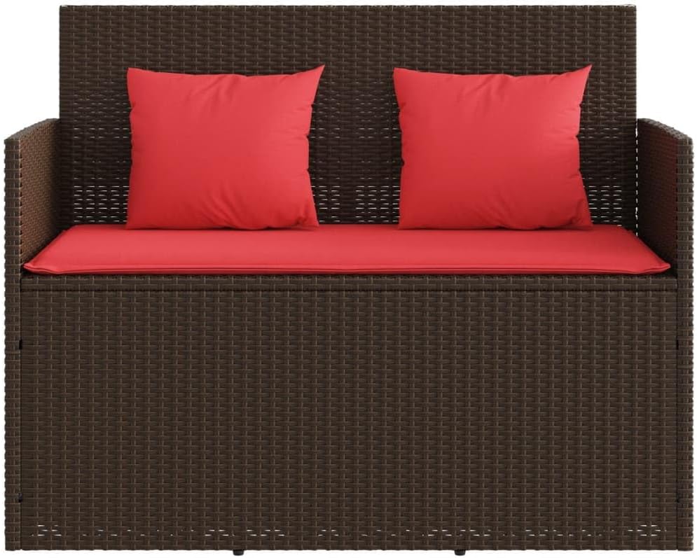 Brown Poly Rattan Outdoor Storage Bench with Cushions, Water-Resistant Storage Bag, PE Wicker Patio Furniture Bench for Garden Porch Deck Seating (47.2" W x 35.6" H)