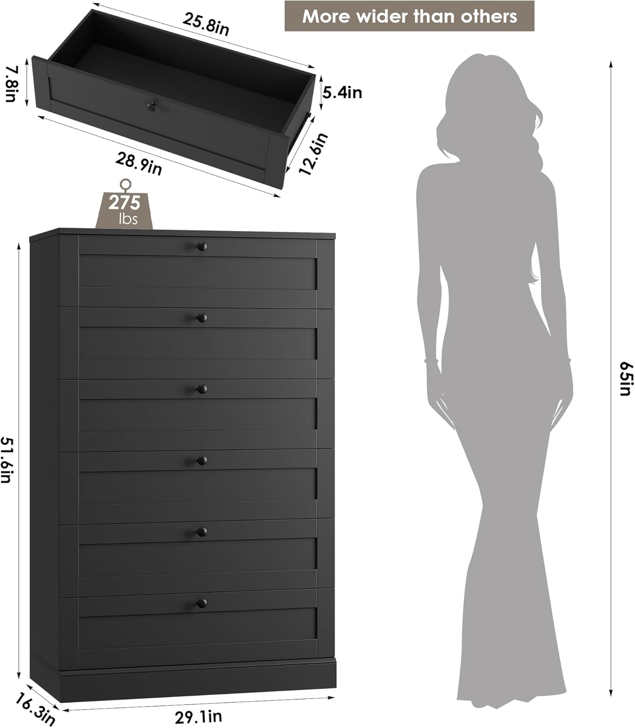 Diagram showing the dimensions of the HOSTACK 6-Drawer Tall Dresser, including height, width, and depth.