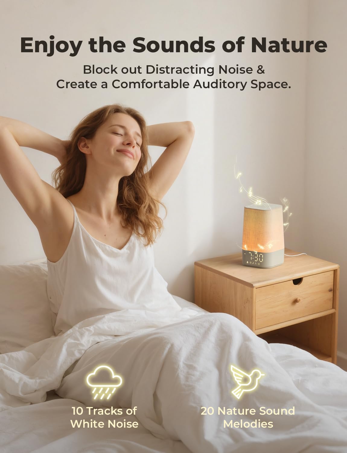 Woman relaxing in bed with the alarm clock playing soothing sounds