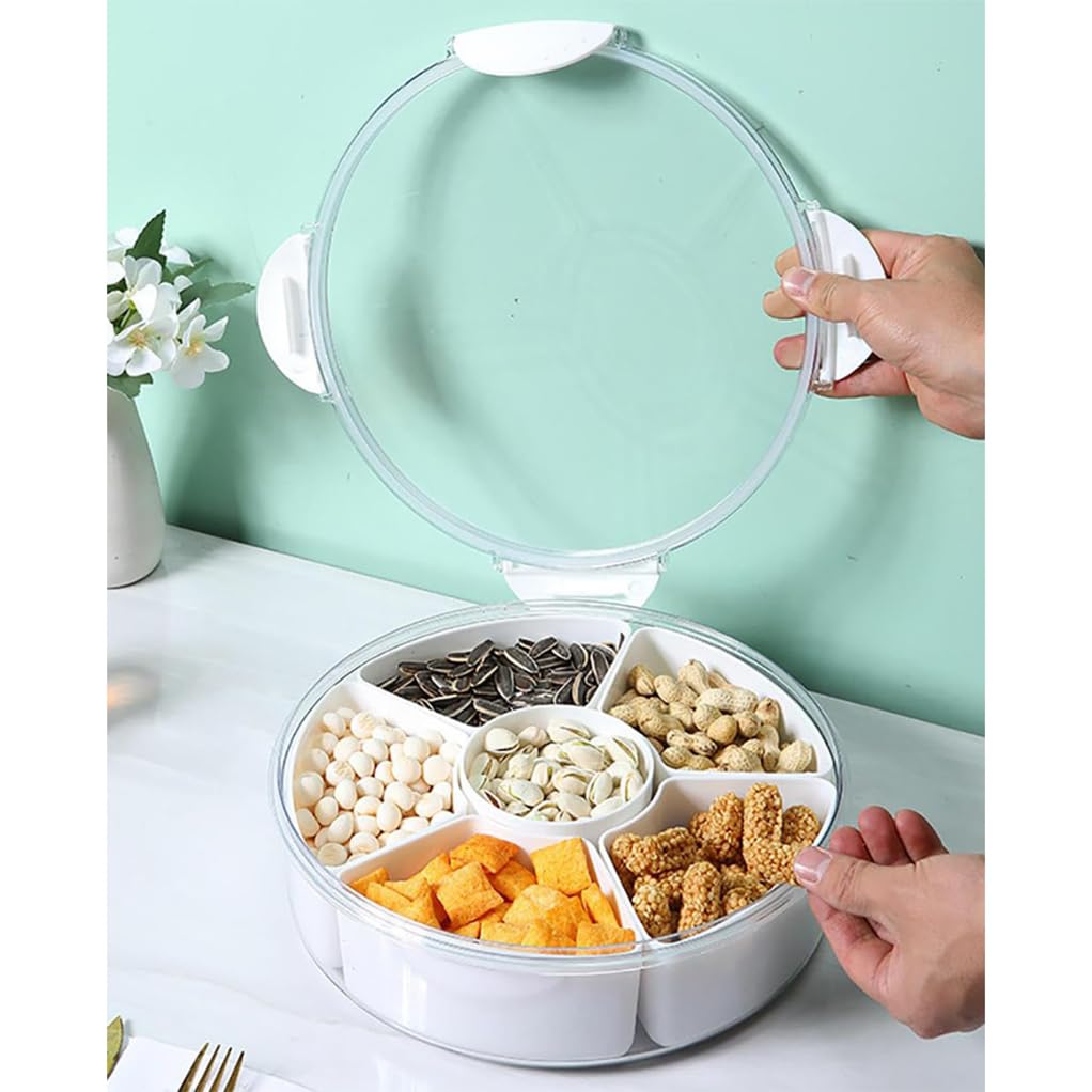 Geteiltes Serviertablett mit versiegeltem Deckel, Obst- und Gemüsetablett aus Kunststoff, Wiederverwendbare Snackbehälter, Partyteller für Süßigkeiten, Vorspeisen, Snacks, Obst, Nüsse,
