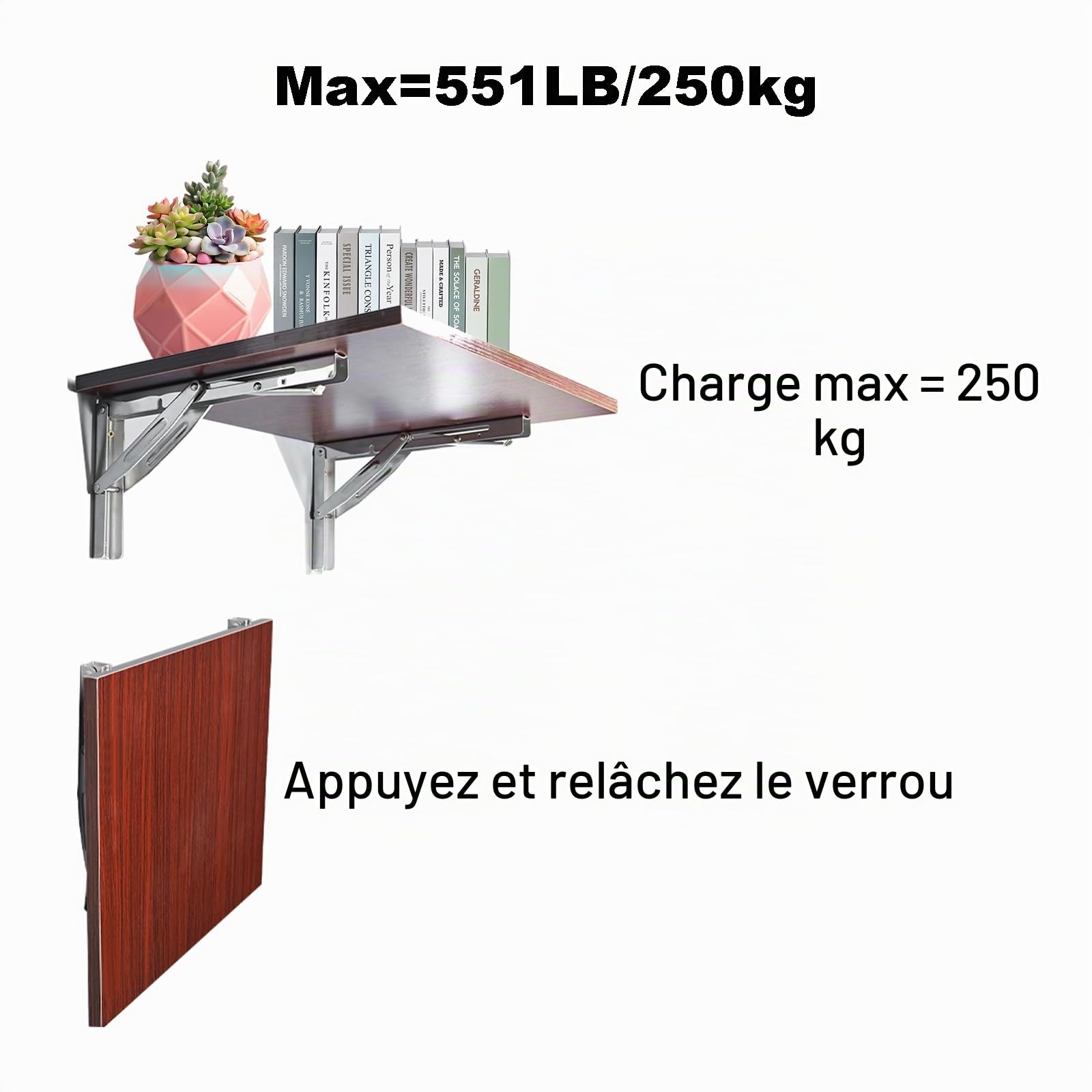 FreeTec Équerre Pliable - 300 mm - 2 PCS - Équerre Pliante Charge Lourde, Équerre Étagère Murale en Acier Inoxydable, Équerre Rétractable, Supports d'Étagère Pliants, Charge Max: 150 kg