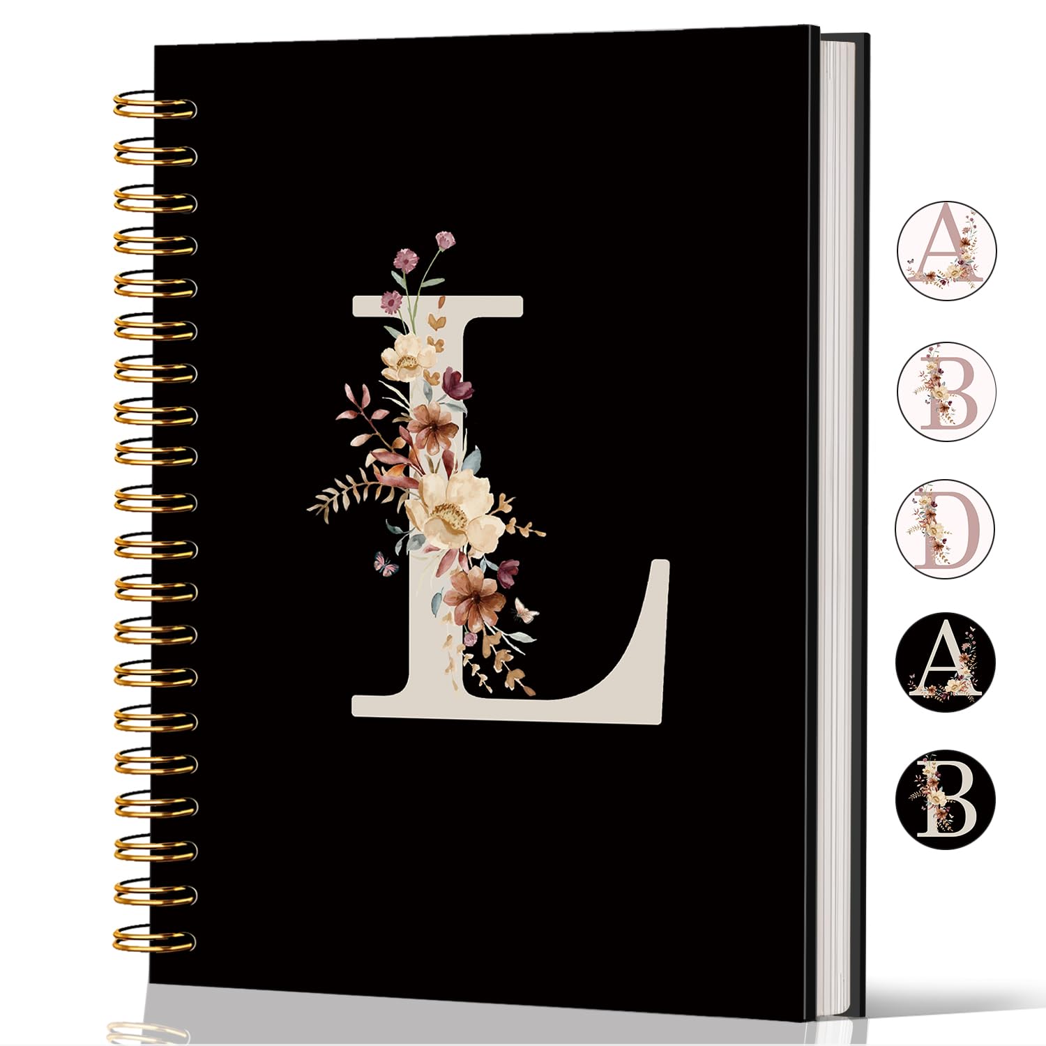 Lacama Simpatico diario scolastico con lettera iniziale L, taccuino a spirale nero personalizzato con fiori di campo estetico, materiale scolastico, regali con monogramma personalizzato, regali di