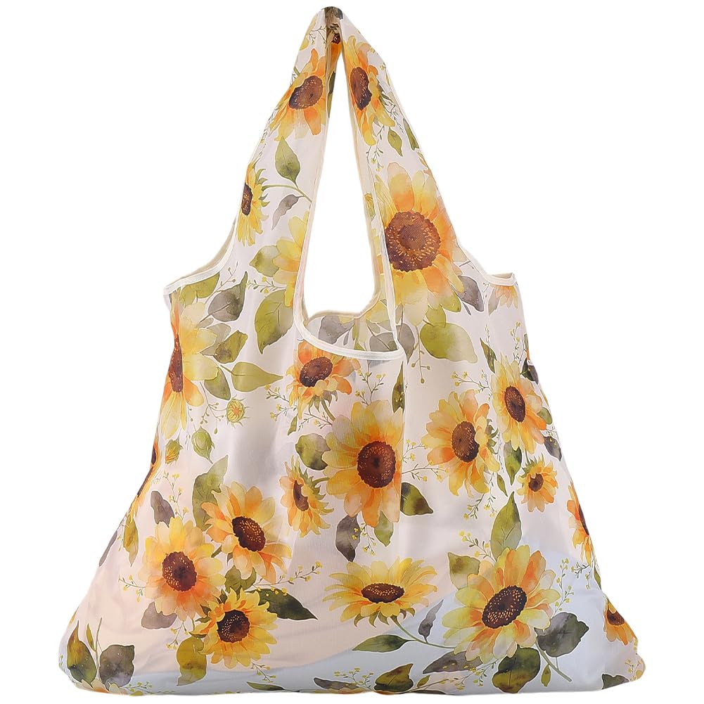 CREATCABIN Reusable Grocery Bags Foldable Washable Shopping Bags Yellow Sunflower Cloth Bag Tote Bags Large Market Storage Pouch with Handles Pocket Gift for Groceries Holiday Travel 22x16.5Inch