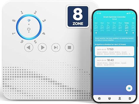 tolviviov Smart Sprinkler Controller, 8-Zone Indoor WiFi Irrigation Controller, App Enabled, Simple Automated Watering Scheduling, Local Weather Intelligence, Rain, Freeze Skip