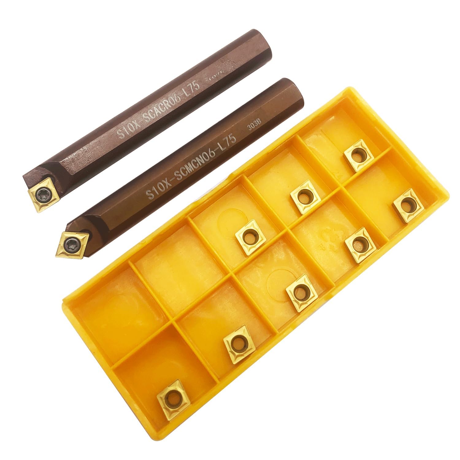 2 STK. Metalldrehwerkzeughalter, Bohrstange mit CCMT21.25 CCMT060204 Hartmetall-Dreheinsätzen für Bagger und Bohrmaschine (S10X-SCACR06-L75/S10X-SCMCN06-L75+CCMT060204)