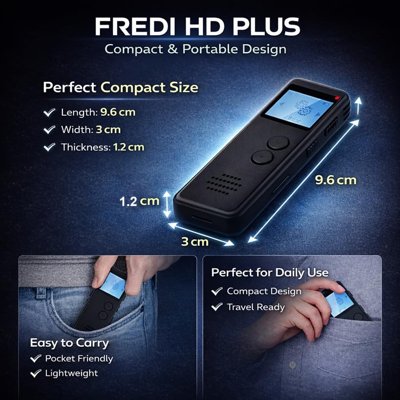 Image of FREDI HD PLUS Voice Recorder, Digital Audio Recorder for Meetings, Lectures & Students, Portable Recording Device with Mic & Speaker, 32GB TF Card, One Button, Voice Activated (VOR), USB Rechargeable
