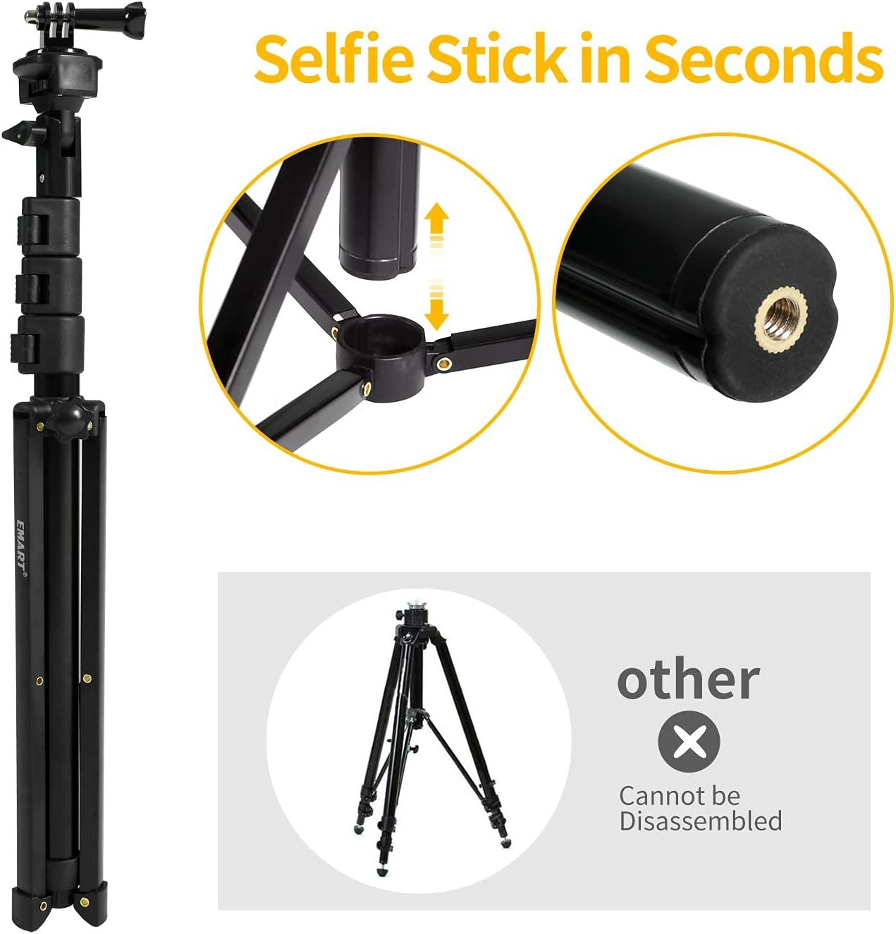 EMART 51" Tall Phone Tripod Stand, Extendable and Portable Selfie Stick for iPhone/Android/Samsung, Universal Cell Phones Tripods with Bluetooth Remote, Phone Holder and GoPro Adapter Camera Recording