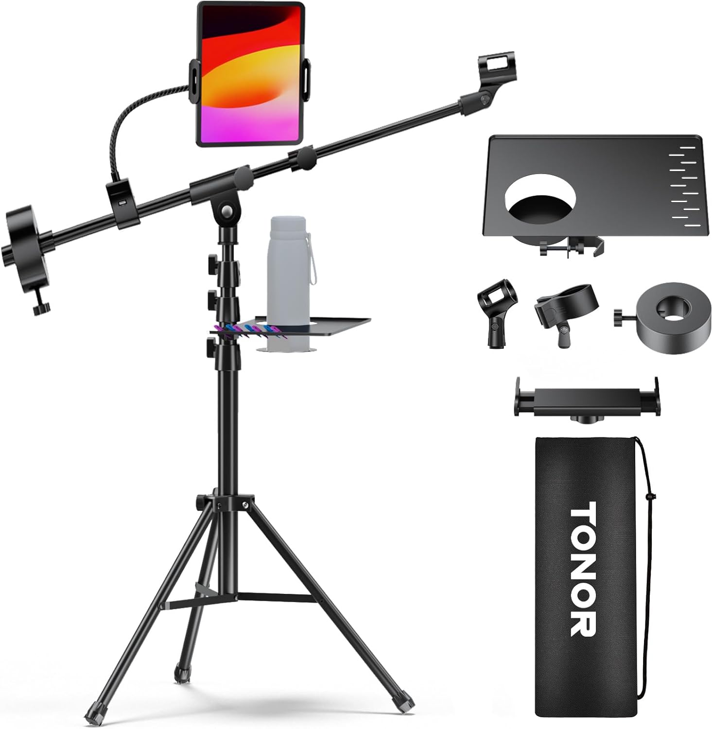 TONOR Microphone Stand with Tablet Holder, Cup Tray, Extra Weights, Tripod Boom Arm for Floor, Adjustable Height and Angle, Heavy Duty Stand with Carrying Bag, Pad Clamp, Compatible with Yeti, T35+