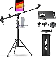 Vista 1 de TONOR Microphone Stand with Tablet Holder, Tripod Boom Arm for Floor, Adjustable Height and Angle, Heavy Duty Stand with Carrying Bag, Smartphone
