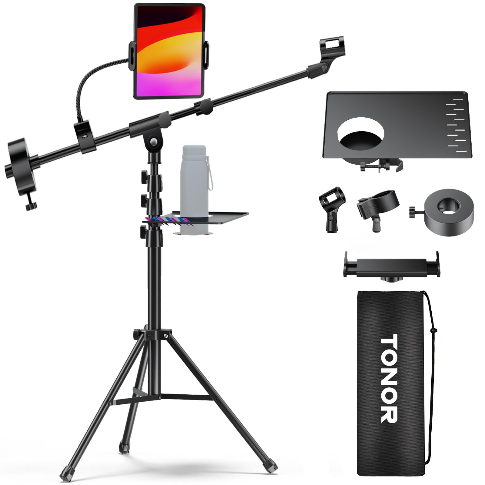 TONOR Microphone Stand with Tablet Holder, Cup Tray, Extra Weights, Tripod Boom Arm for Floor, Adjustable Height and Angle, Heavy Duty Stand with Carrying Bag, Pad Clamp, Compatible with Yeti, T35+