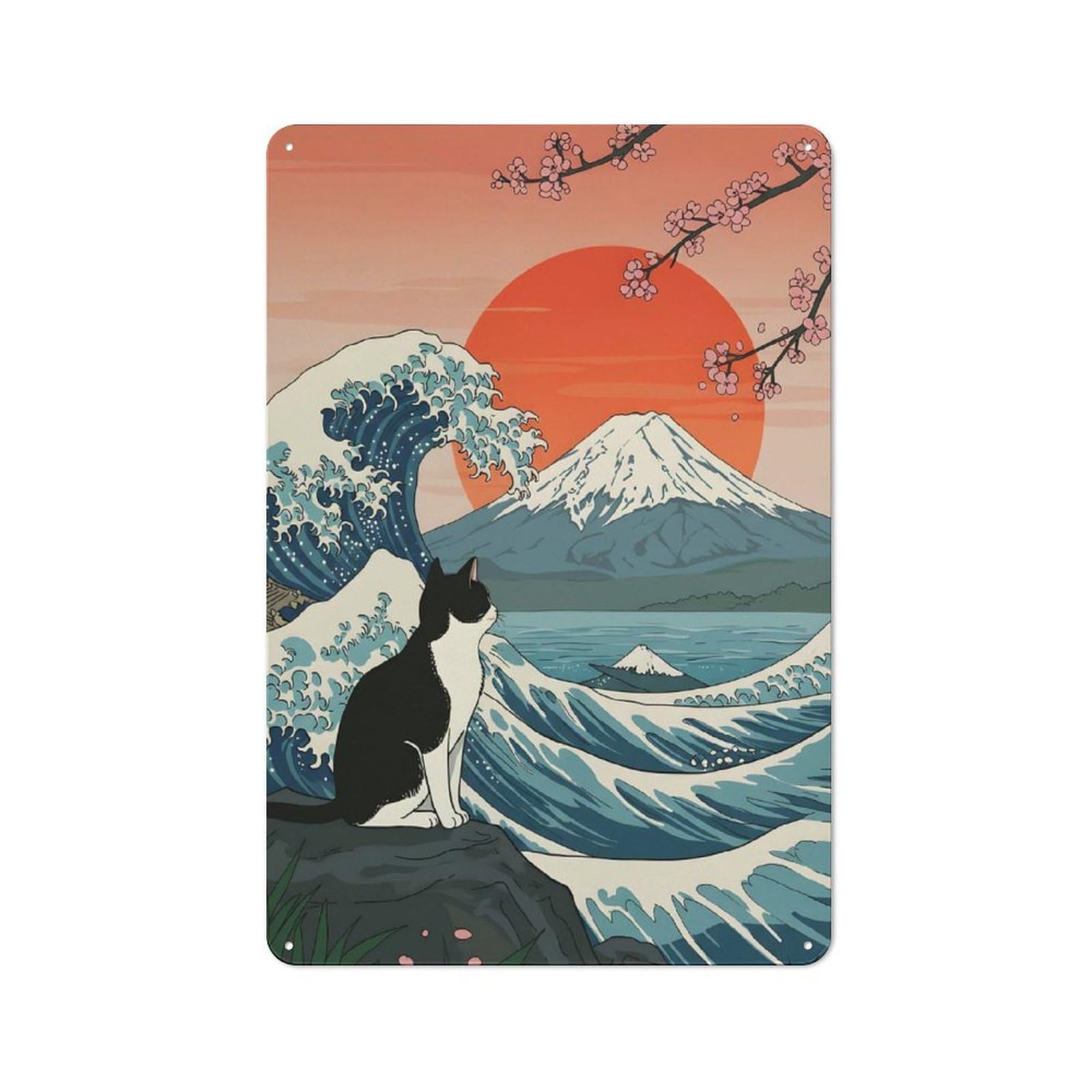 Junmoney Style-13 Cat Japanese Wave Kanagawa Printed Metal Sign 30X20cm For Living Room Wall, For Kitchen, Dining Room And Home Bar Wall Decor
