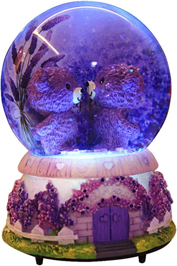 Veigu Night Light Water Globe Snow Globe Crystal Ball Music Box Gift Resin Base (Lavender Bear B)