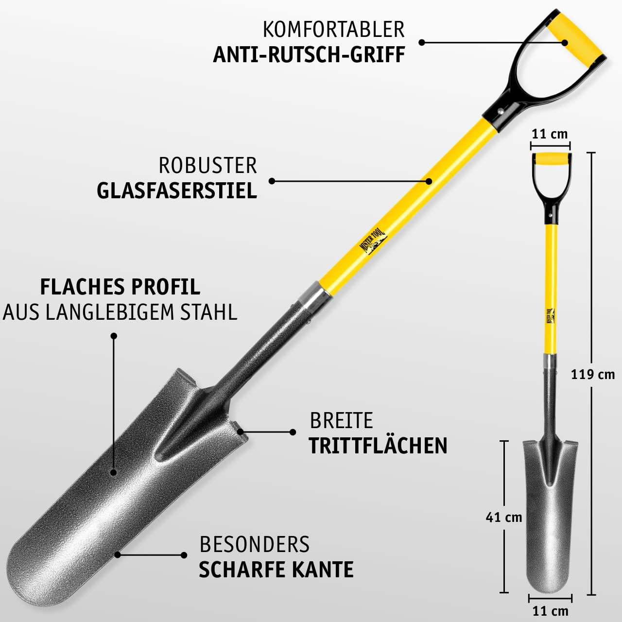 MISTER TOOL 3-TLG. Spezialspaten-Set - Kombi-, Drainage- & Wurzelspaten - Glasfaserstiel, Rutschfester Griff, langlebiger Kohlenstoffstahl - Ideal für Garten- und Landschaftsbauarbeiten
