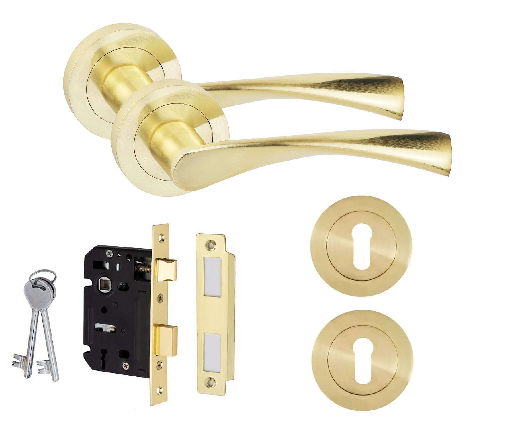 Golden Grace Astrid Design Key Lock Door Handle Set With Escutcheons And 3 Lever Lock Satin Brass from B&Q