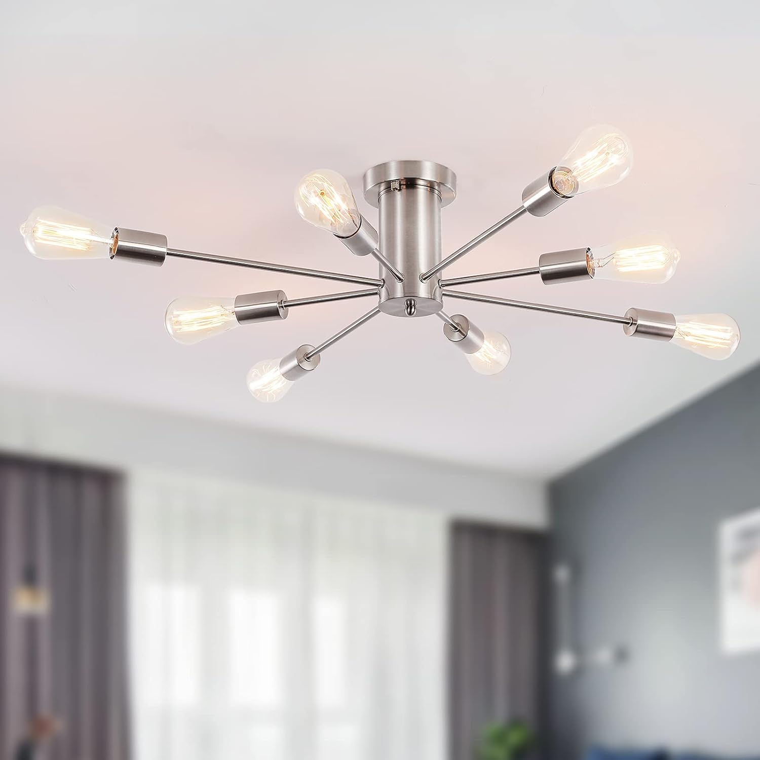 Modern Sputnik Chandelier, 8-Light Ceiling Light Fixture, Bedroom Light Fixture, Sputnik Lights Fixture for Living Room, Dining Room, Kitchen, Office, Hallway, Foyer (Brushed Nickel Silver) - E26 Base