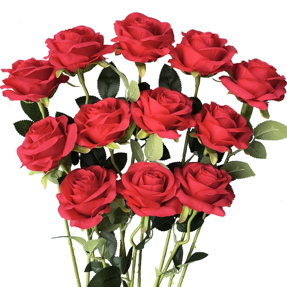 12PCS Artificial Rose Flowers Bouquet Long Stem Fake Rose Flowers Silk Realistic Blossom Rose Plants for Home Garden Wedding Office Decoration (Red) image 5