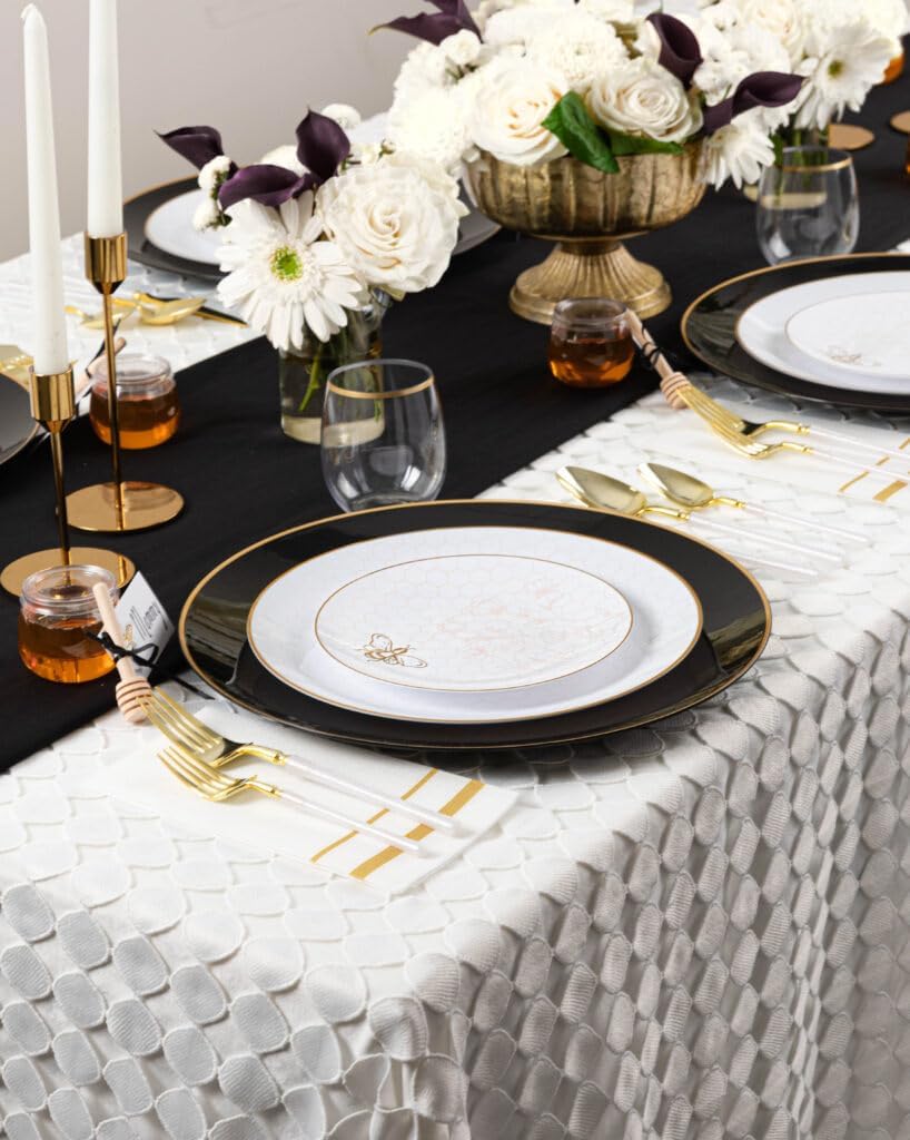 Honey Bee Deluxe White Disposable Plates Set with Gold Honeycomb Design, Premium Plastic, 7 and 10 Inch, 12 Sets for Special Occasions