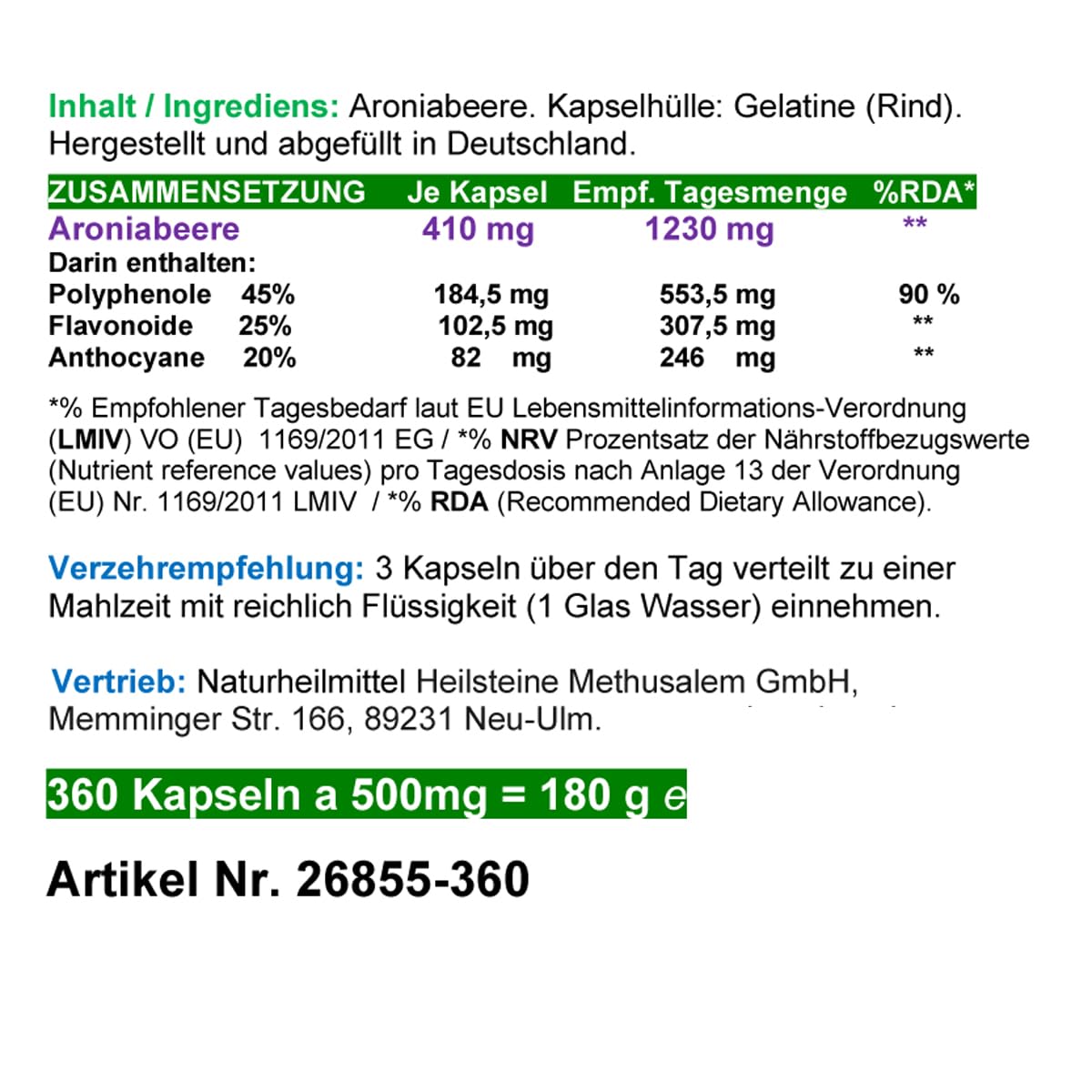 Aroniabeere Aronia 360 Kapseln OPC + Antioxidantien (Radikal Fänger) + Vitamine C+E+K - Anthocyane + Flavonoide für Immunsystem & Abwehrkräfte - NATUR PUR ohne ZUSATZSTOFFE. 26855-360