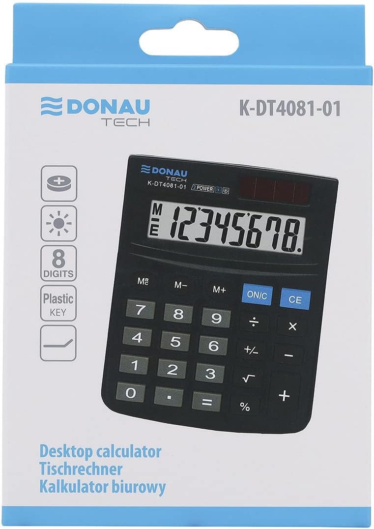 DONAU Tech K-DT4081-01 8-Digit Calculator Root Function 134 x 104 x 17 mm Black with 8-Digit Display Dual Power Solar Battery Operated Compact Design