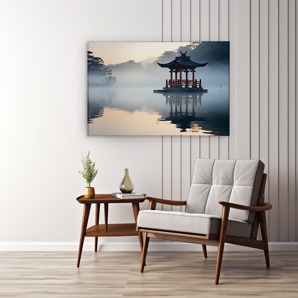 Canvas for Living room. Whispers of Dawn at the Mist-Shrouded Pavilion, 27 x 18 inch Canvas Wall Art - Contemporary Masterpieces - Nature Home Decor