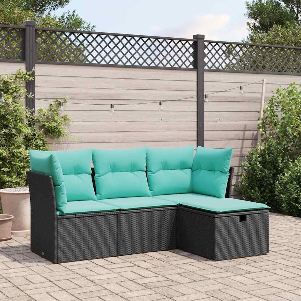 vidaXL Patio Sofa Set with Cushions - Black Poly Rattan Outdoor Furniture - Modular Garden Seating for Terrace/Backyard