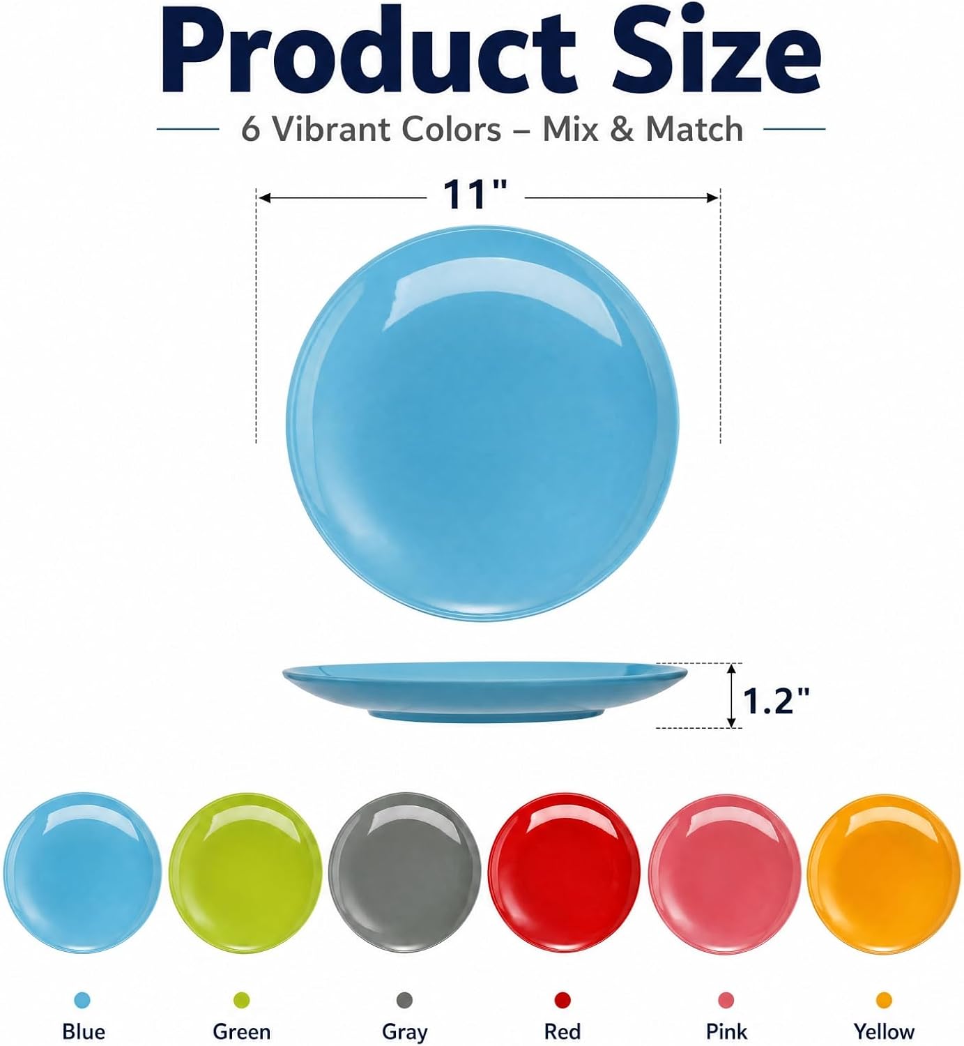 Peohud 6 Pack Melamine Plates, 11 Inches 100% Melamine Dinner Plates, Flat Bottom Dinnerware Dishes for Daily Indoor Outdoor Use, Dishwasher Safe, Break-resistant, MultiColor image 2