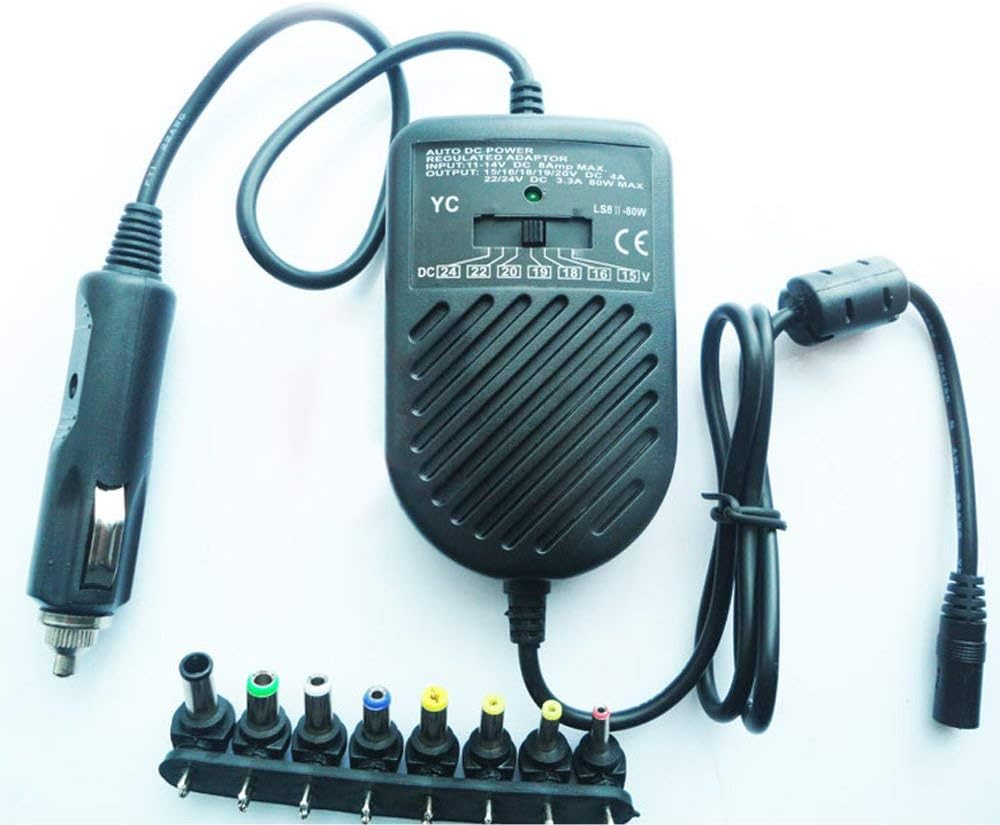Yihya 80W Adjustable Voltage Universal Car Laptop Power Charger Adapters Tips AC/DC Lenovo Samsung Notebook Cigarette Lighter Power Supply (Output Voltage: 15-24V Iutput Voltage: DC 11-14V 8A Max)