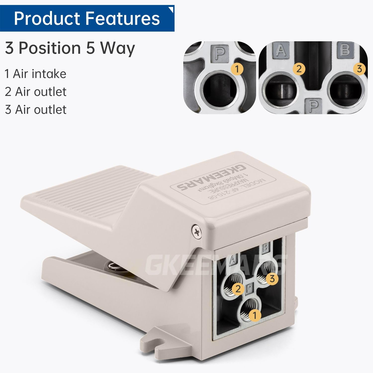 Diagram illustrating the 3 position 5 way port configuration of the pneumatic valve