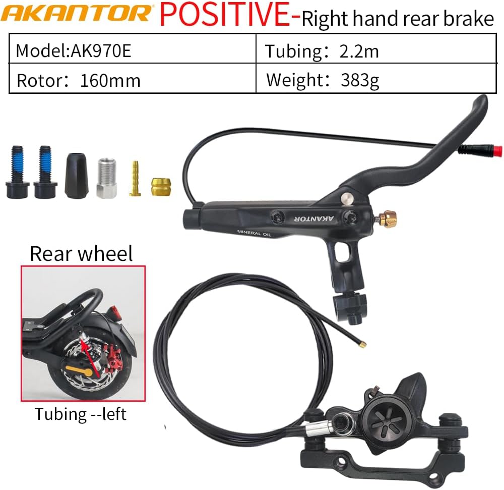 AKANTOR 2-Pin Ebike Hydraulic Disc Brake Set with 160mm Rotors 2-Pistons Power-Off Electric Bike Brake Kit Front 1200mm Right Rear 2200mm for Electric bike/Mountain Bike/Electric Scooter/BMX