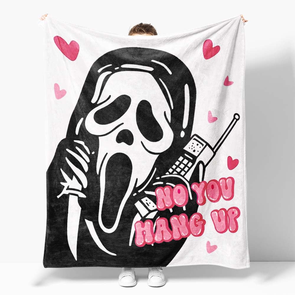Snylcce No You Hang Up Ghost Scary Face Blanket - 50x60 Inch Pink Flannel Throw - Horror Halloween Valentine's Day Gift for Bed, Couch, Living Room Decor