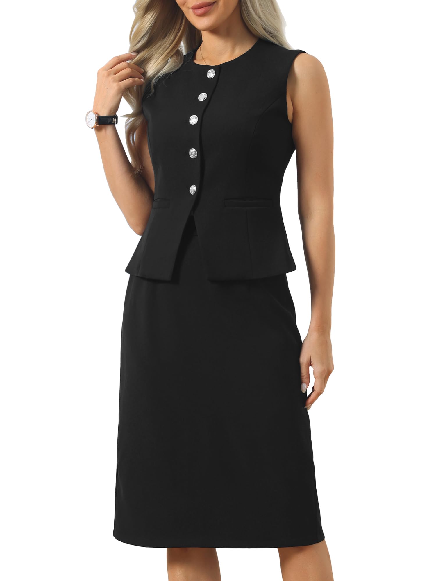 Hobemty Femme Ensemble Jupe Tailleur sans Manches D'été | sans Col avec Poches Jupe Midi Doublée Tenue de Bureau Soirée Cocktail Quotidienne
