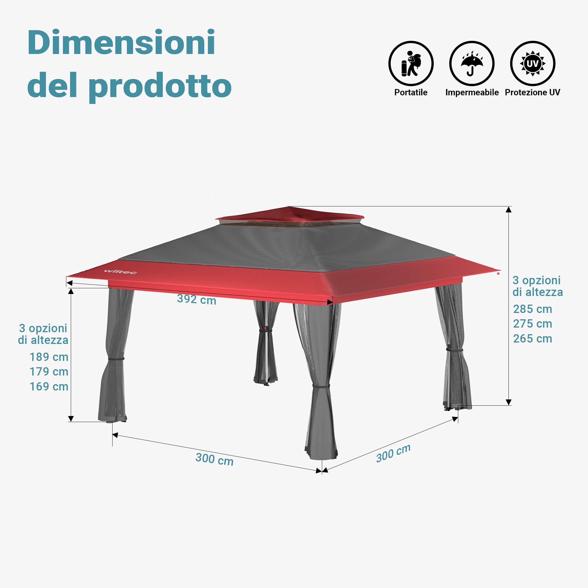 Wiltec Gazebo pieghevole con zanzariera, grigio rosso 3,92 x 3,92 m, impermeabile, UV 50+, Tendone per feste