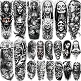 20 Sheets Black Gothic Full Arm Temporary Tattoos For Men Adults Thigh, Nun Girl Skull Skeleton Zeus God Jesus Christ Fake Sleeve Tattoos For Women, Scary Halloween Tattoo Stickers Demon Vampire