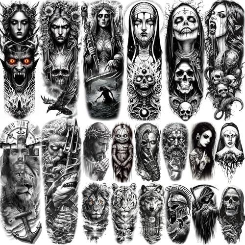20 Sheets Black Gothic Full Arm Temporary Tattoos For Men Adults Thigh, Nun Girl Skull Skeleton Zeus God Jesus Christ Fake Sleeve Tattoos For Women, Scary Halloween Tattoo Stickers Demon Vampire