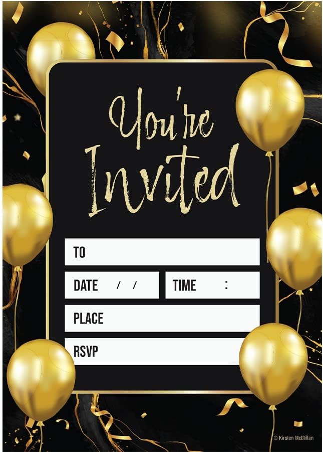 32 Black & Gold Balloon Birthday Invitations - A6 Birthday Party Invitations Cards for Adults with Envelopes โ Invites Designed and Printed in the UK