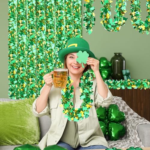 Image of 50FT St. Patrick's Day Tinsel Garland Shamrock Hat Green Gold Metallic Tinsel Twist Garland for Irish Saint Patricks Day Party Home Decor Indoor Outdoor Decoration