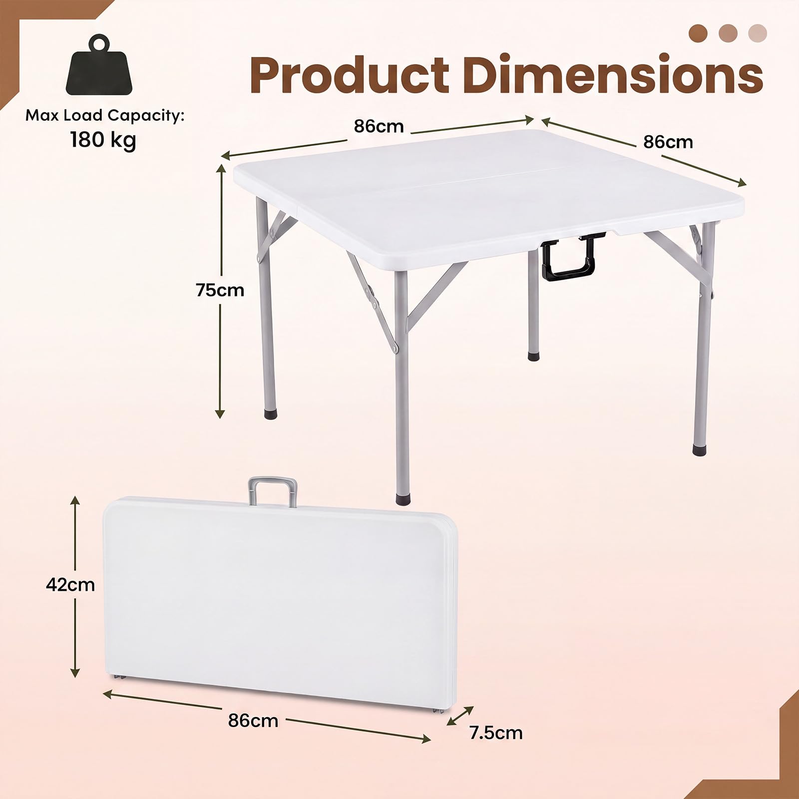 Giantex Tavolo da Picnic Pieghevole Esterno e Interno, 86 x 86 x 75 cm
