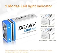 Vista 4 de 2 baterías recargables de 1300 mAh 9 V, batería recargable de litio USB de 9 V de larga duración, con cable de carga 2 en 1, para detectores