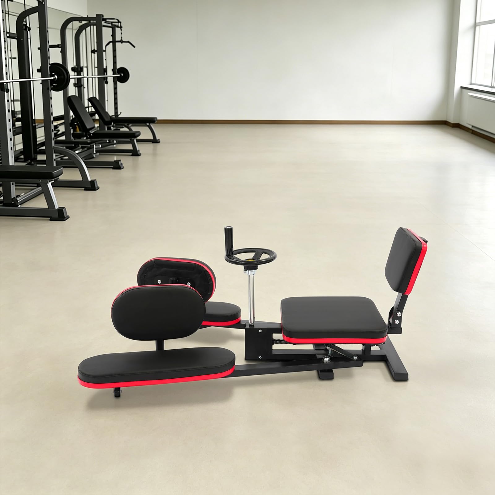 Macchina grande divario, divaricatori per gambe a 180°, carico 120 kg, con schienale e cuscino in PU,design delle ruote girevoli, per danza yoga ginnastica fitness casa, nero e rosso