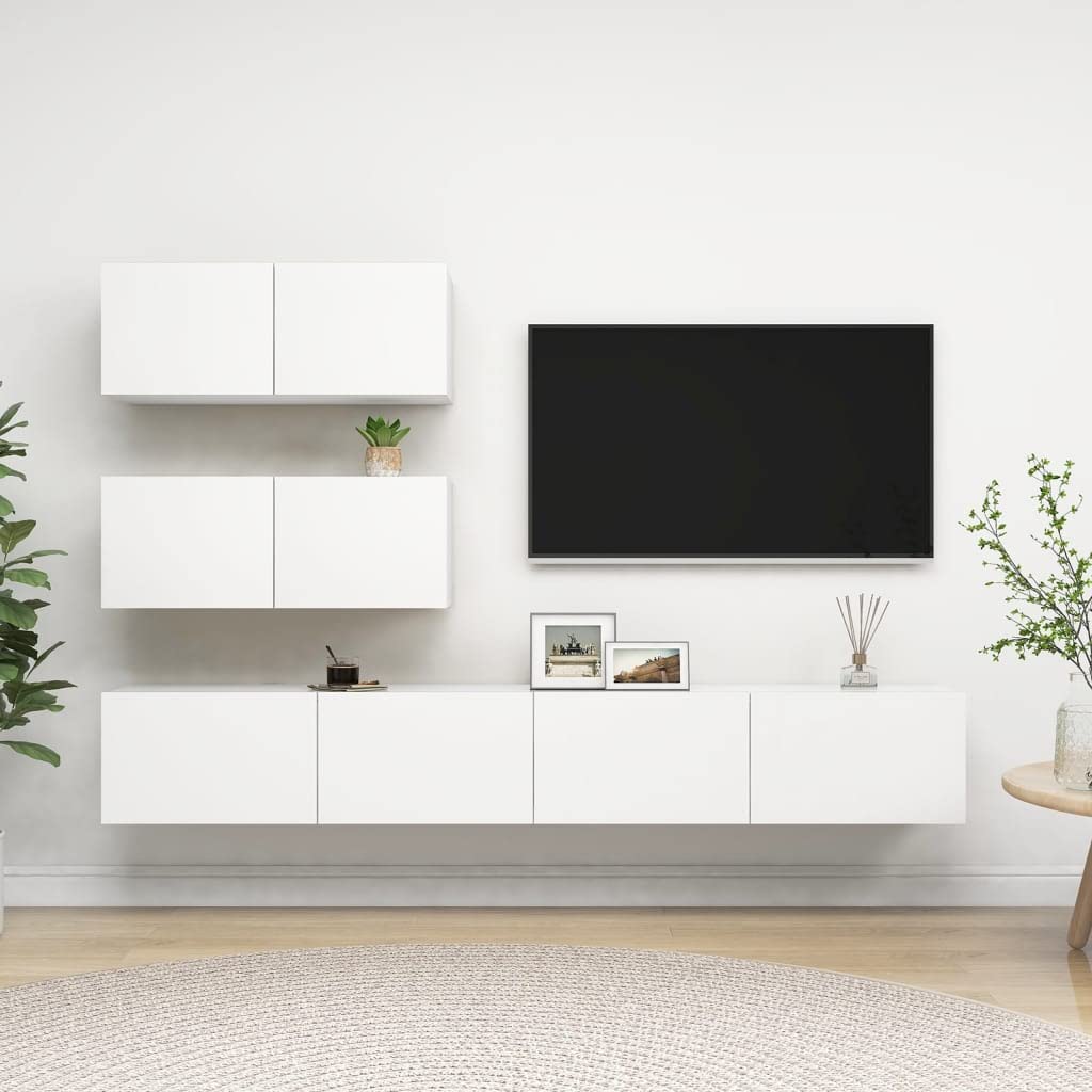 Mueble de TV colgante blanco de madera 4 piezas, 80/100 cm, diseño moderno, mucho espacio de almacenamiento para salón, pasillo, dormitorio