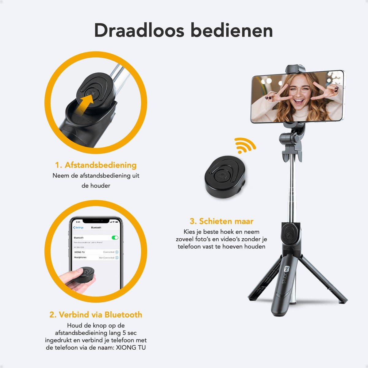 TONEOF 170cm Selfie Stick for Mobile Phone, Extendable Tripod, Rotatable, Flexible Phone Tripod with Remote Control, Tripod Compatible with iPhone/ Android - Black