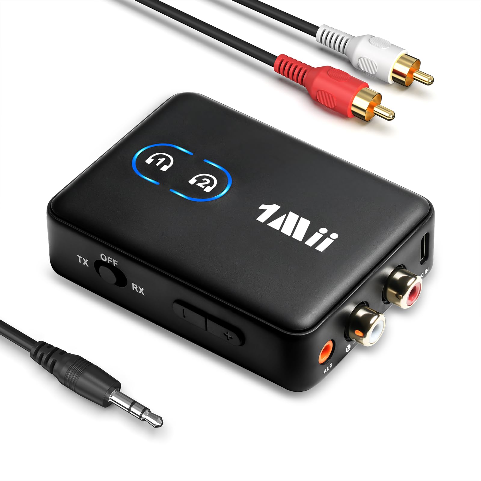 1Mii ML302+ Bluetooth 5.3 Sender & Empfänger, Audio Adapter mit aptX LL/HD/Adaptive, Dual Link für 2 Kopfhörer/Lautsprecher, 3,5mm & Cinch Splitter für TV, Stereoanlage & Flugzeug, 30h Akkulaufzeit
