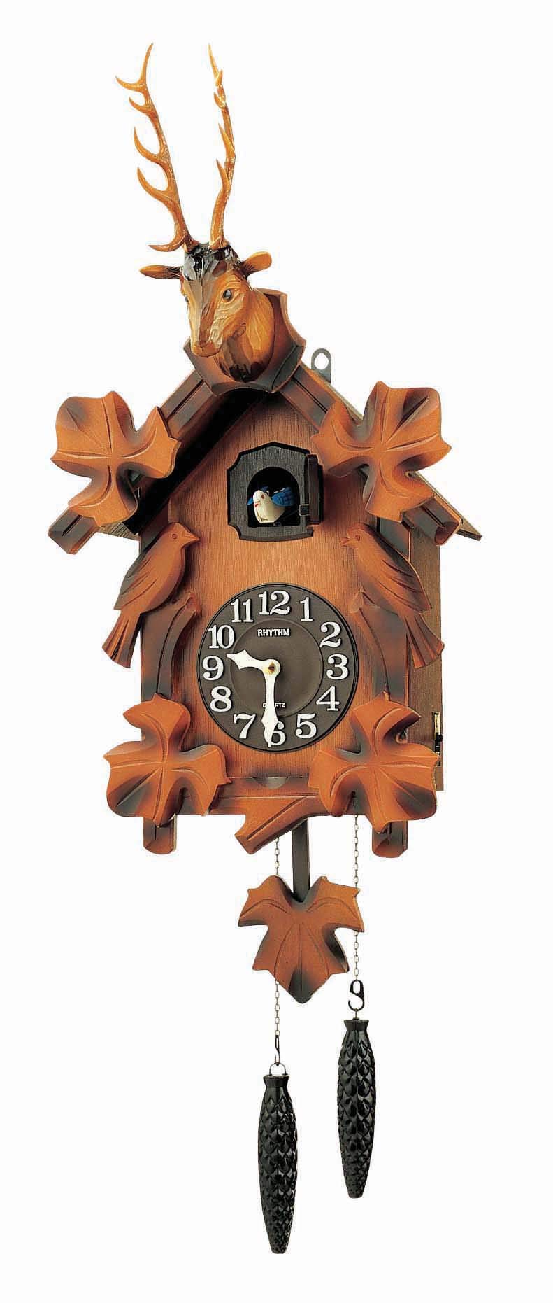 RHYTHM4MJ416-R06 Cuckoo Clock | Auto Night Shut-Off Sensor | Hourly Mechanical Bird Chirping | Deer Head Decoration | Twin Birds & Pendulum | Wooden Case | Premium Japanese Craftsmanship