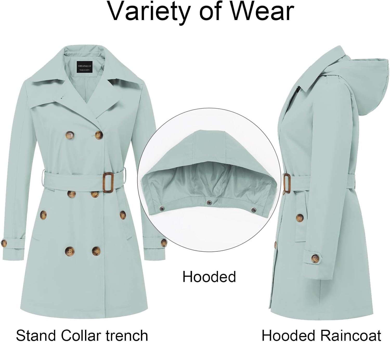 CREATMO US Women's Trench Coat Double-Breasted Classic Lapel Overcoat Belted Slim Outerwear Coat with Detachable Hood - Image 3
