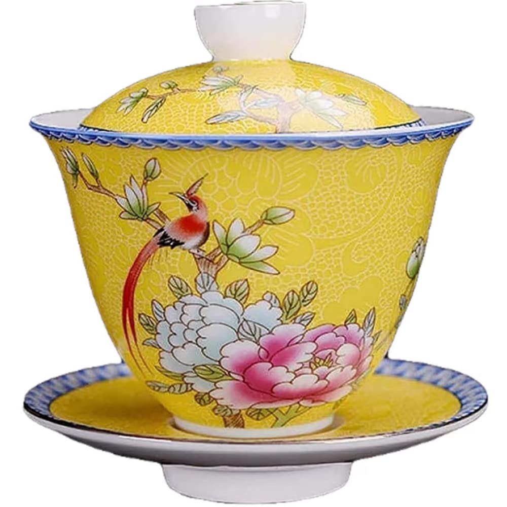 JDFChinese Traditional Tea Cups, Ceramic Tri-Color Tea Bowl Tea Set, Chinese Porcelain Tea Cups, Saucers With Lids Tea Set, Court Style Hand-Painted Tea Set