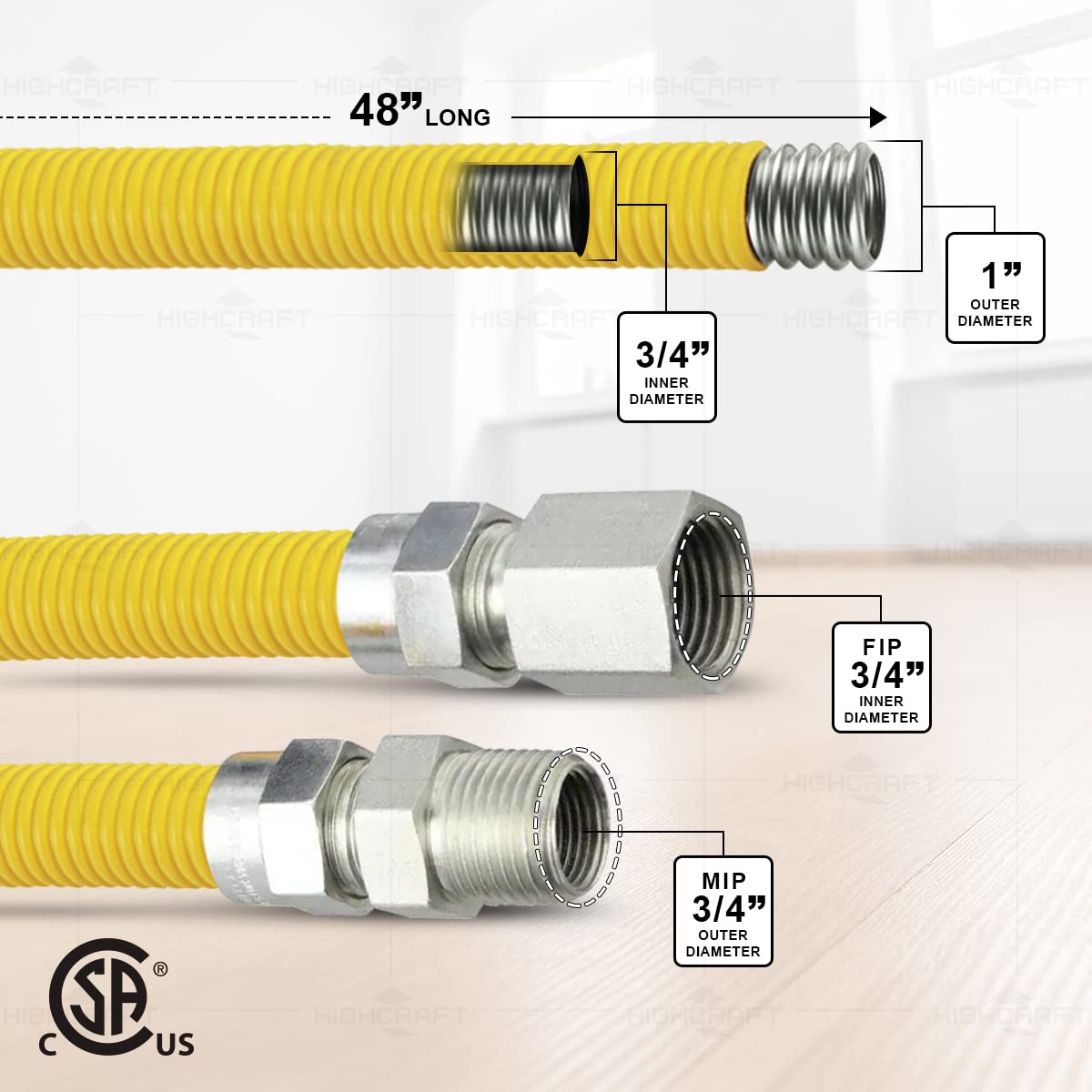 HIGHCRAFT Conector de gas de acero inoxidable recubierto amarillo de 48 pulgadas, manguera flexible de 1 pulgada OD para calentador de agua sin tanque, con accesorios de acero FIP x MIP de 3/4