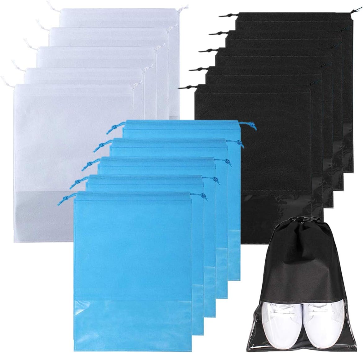 Travel Shoe Bag, Scoolr 15pcs Portable Dust-Proof Breathable Travel Shoe Organizer Bags Transparent Window for Boots, High Heel Drawstring, Space Saving Storage Bags
